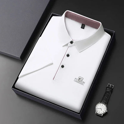 New Men's Business Casual Short Sleeved Shirt with Badge Solid Color Polo Shirt Fashionable Breathable Comfortable Versatile Top