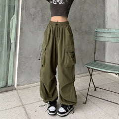 Women Casual Baggy Cargo Pants Solid Low Waist Joggers Tech Pants Drawstring