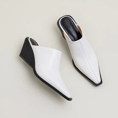 Ladies Genuine Leather Mules Fashion Med Chunky Heels Summer Wedges
