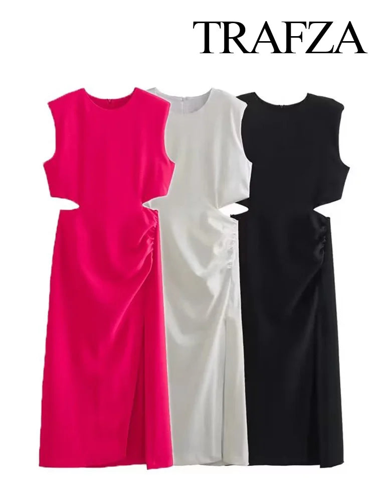 Formal attire Dresses: Women Elegant Cut Out Black Dress Sleeveless Midi Party Dresses