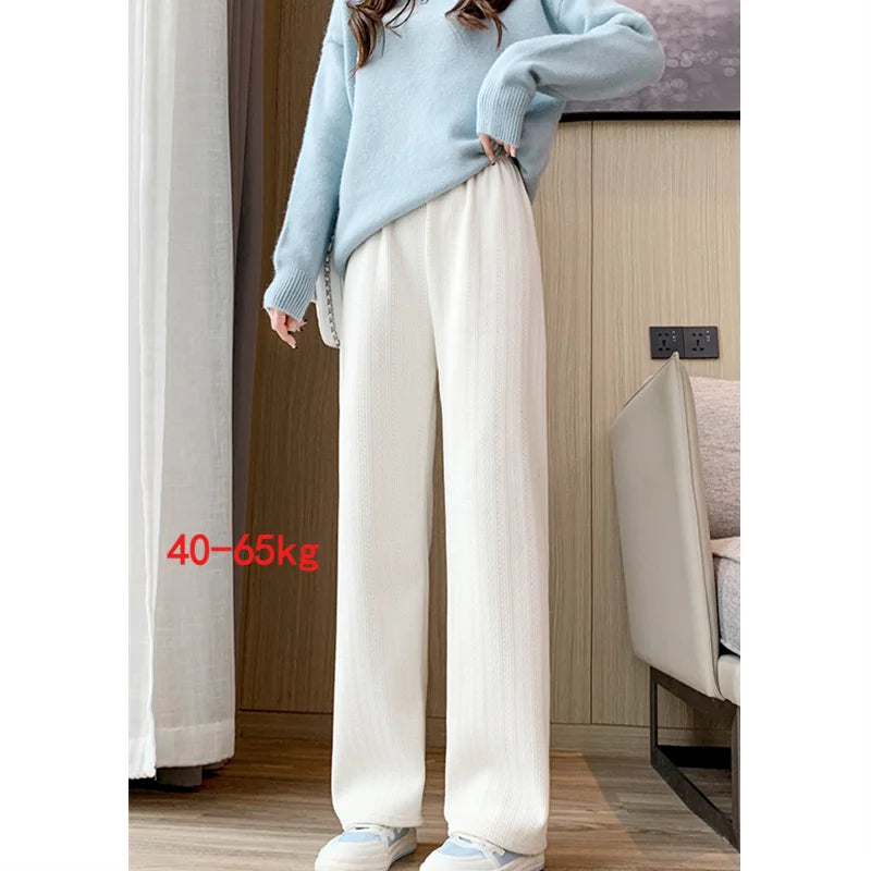 Striped Sweatpants Women Streetwear Thick Wide Leg Pants Straight Fleece-lined