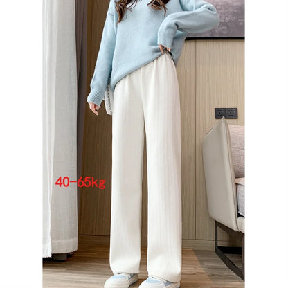 Striped Sweatpants Women Streetwear Thick Wide Leg Pants Straight Fleece-lined