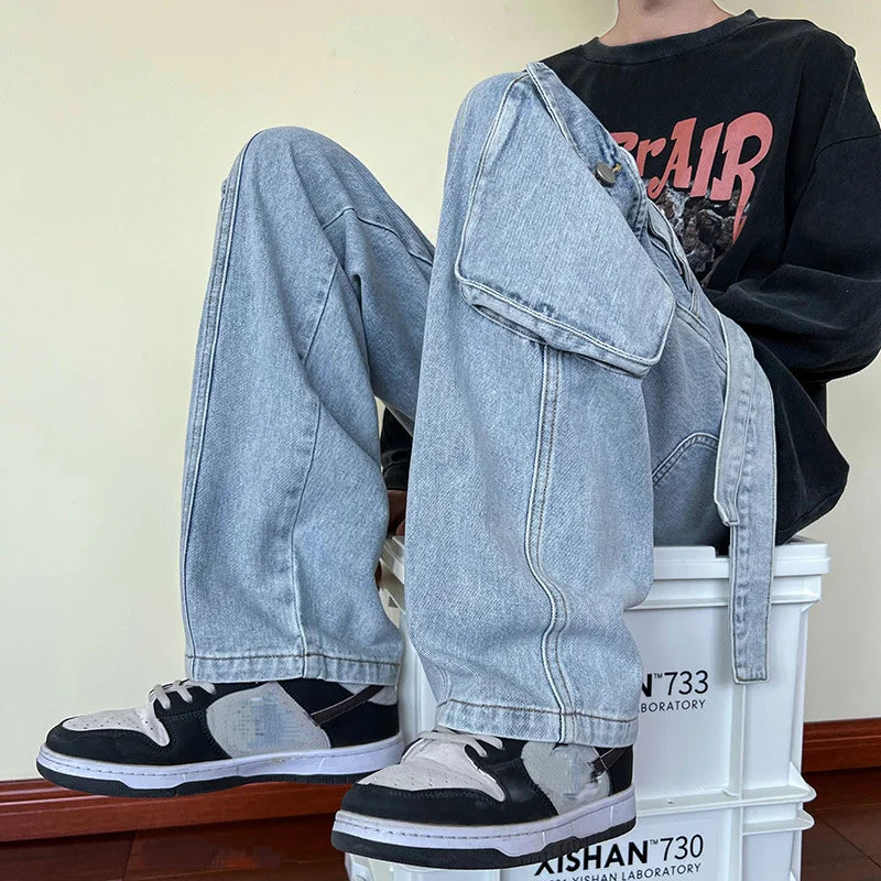 Men Cargo Jeans Wide Leg Pants Multiple Pockets Baggy Denim Trousers Hip Hop