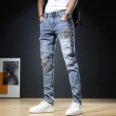 Ripped Jeans Pants Slim Straight Frayed Denim Clothes Men Fashion Skinny Trousers