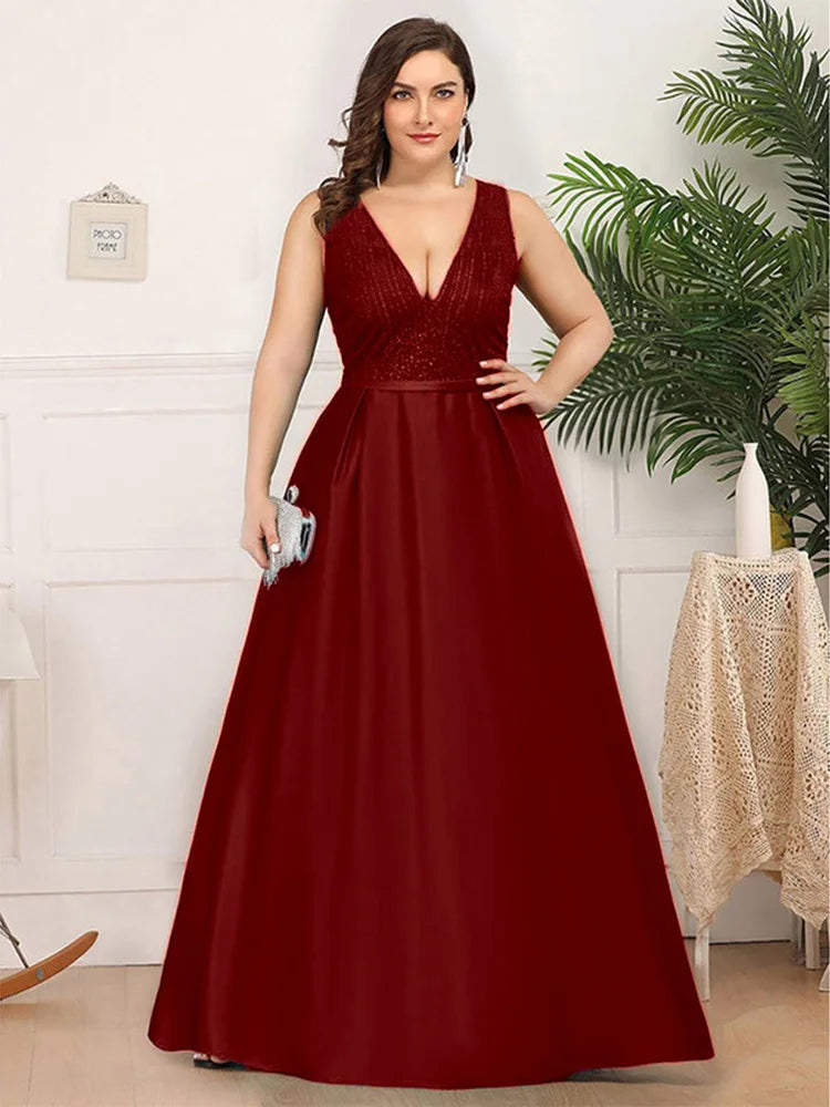 Luxury Evening Party Elegant Women Plus Size Maxi Dresses 2023 New Summer Sexy V-Neck Sequined Formal Wedding Cocktail Clothing
