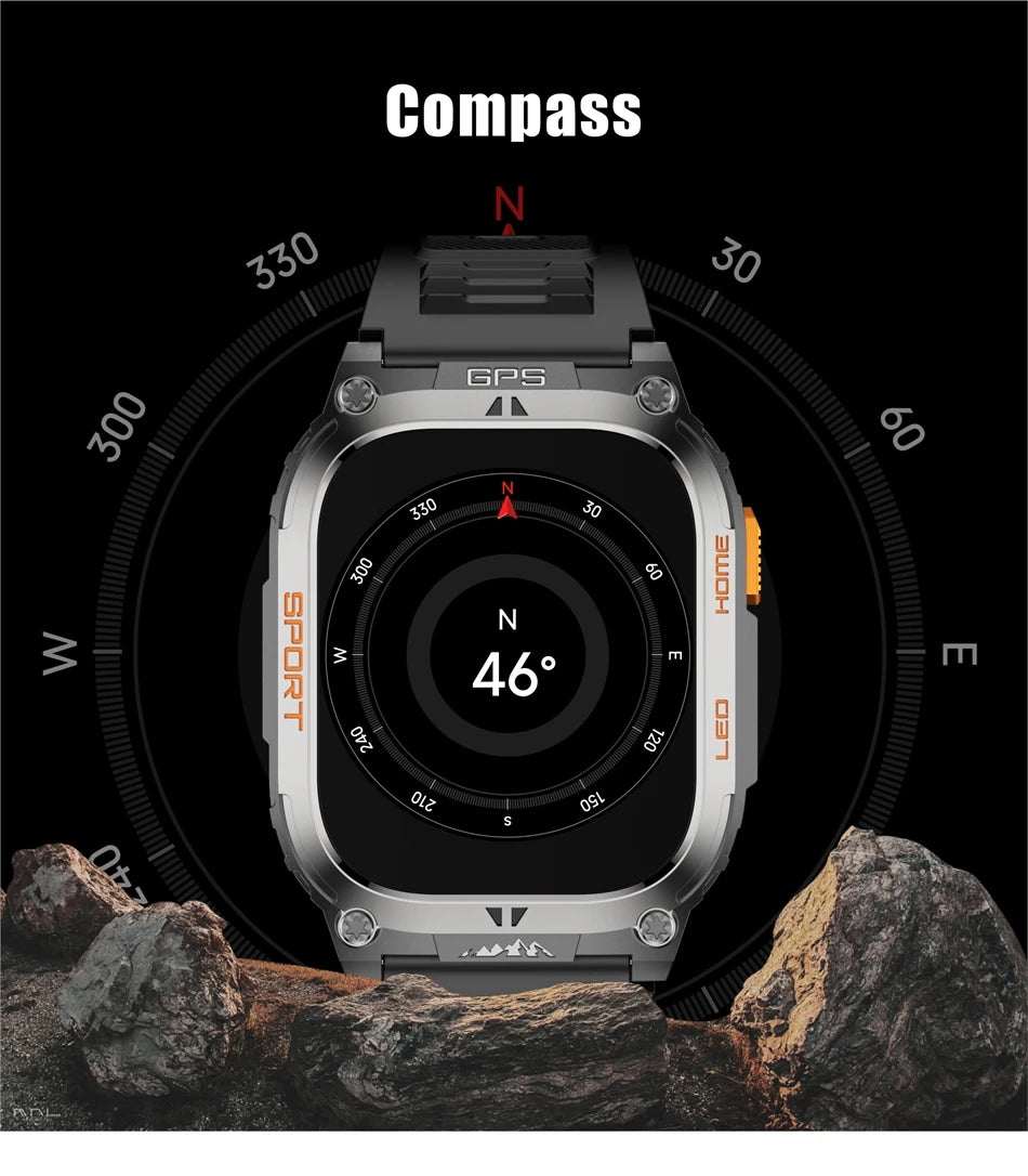 2025 New GPS Tracker Smart Watch Men LED Flashlight 1.96'' HD Screen Compass Watches Bluetooth Call Waterproof Sports Smartwatch