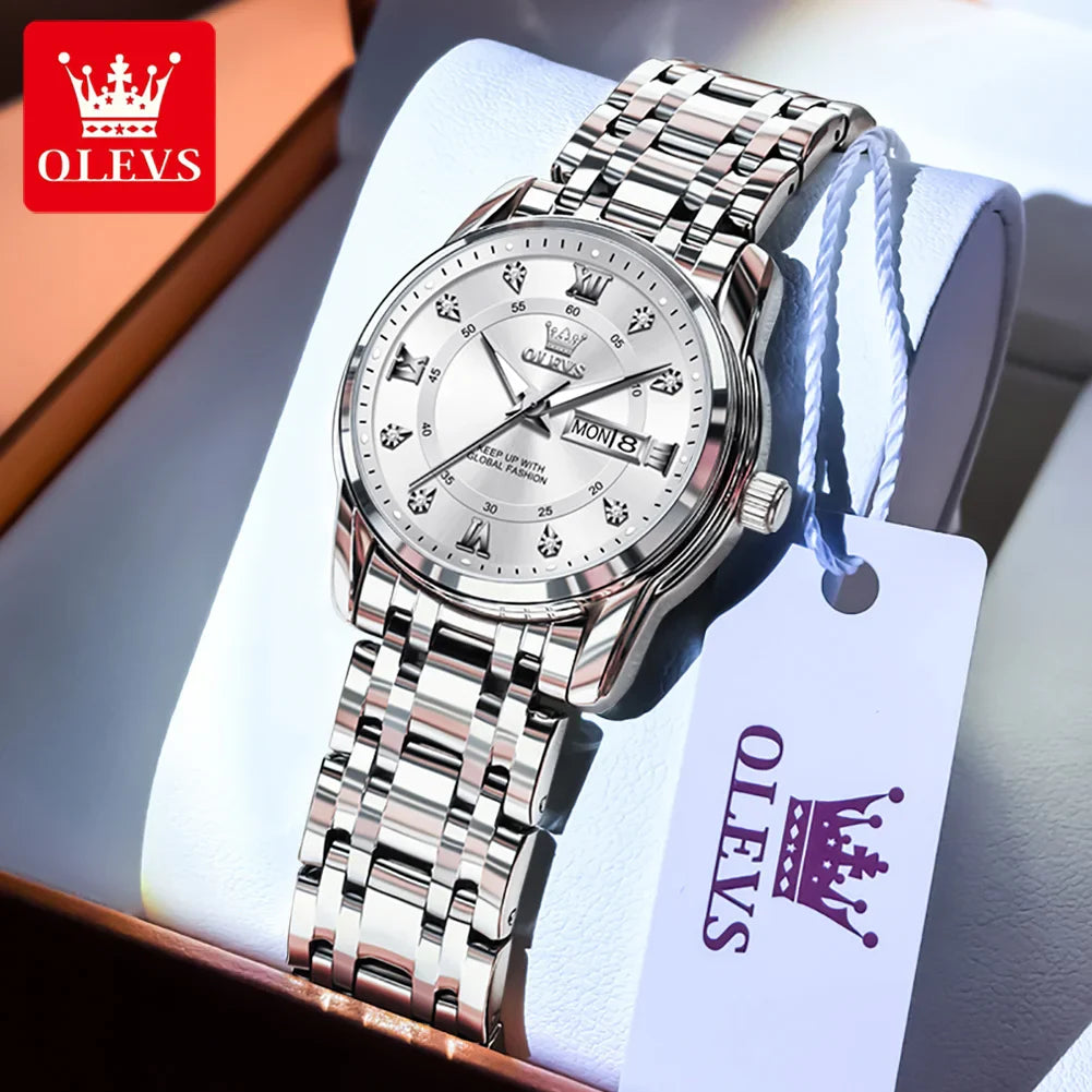 OLEVS 5513 Quartz Watch for Women Diamond Scale Dual Calendar Stainless Steel Strap Waterproof Watch Elegant Ladies Wristwatches