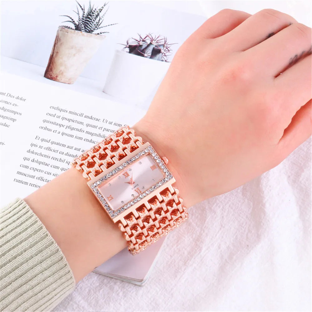 Luxury Ladies Simple Diamond Set Square Bracelet Quartz Watches Fashion Gold Stainless Steel Skeleton Women Clock Dress Watch