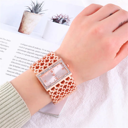 Luxury Ladies Simple Diamond Set Square Bracelet Quartz Watches Fashion Gold Stainless Steel Skeleton Women Clock Dress Watch