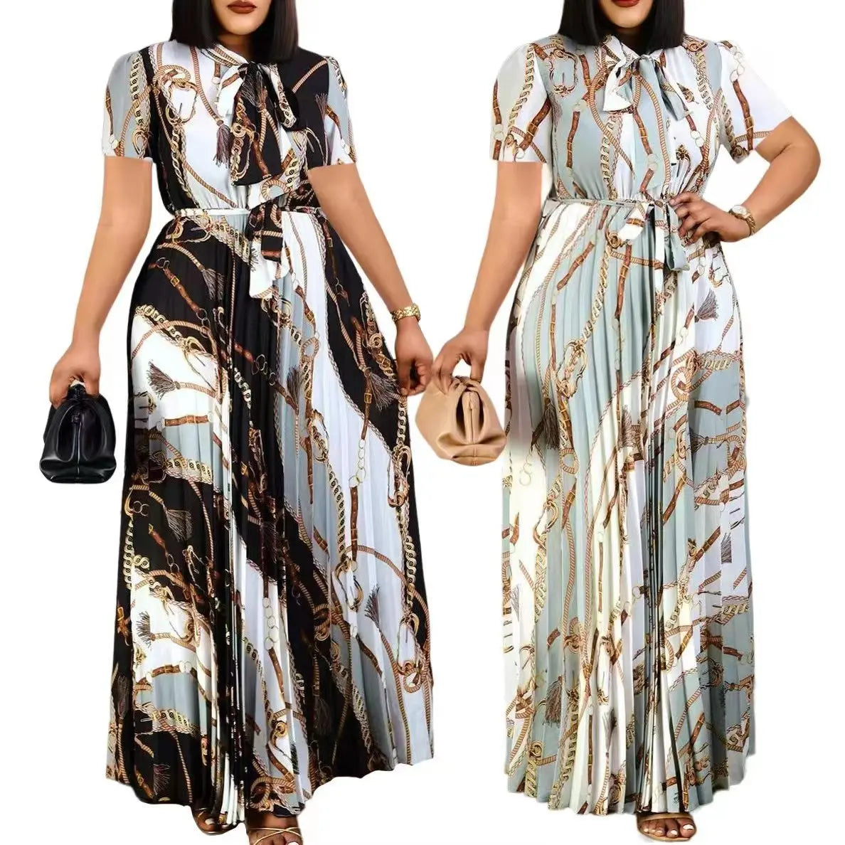 LW Plus Size dress Tie Neck Chain Print Pleated A Line Dress short sleeve maxi dresses 2023 Elegant Fashion women's dress