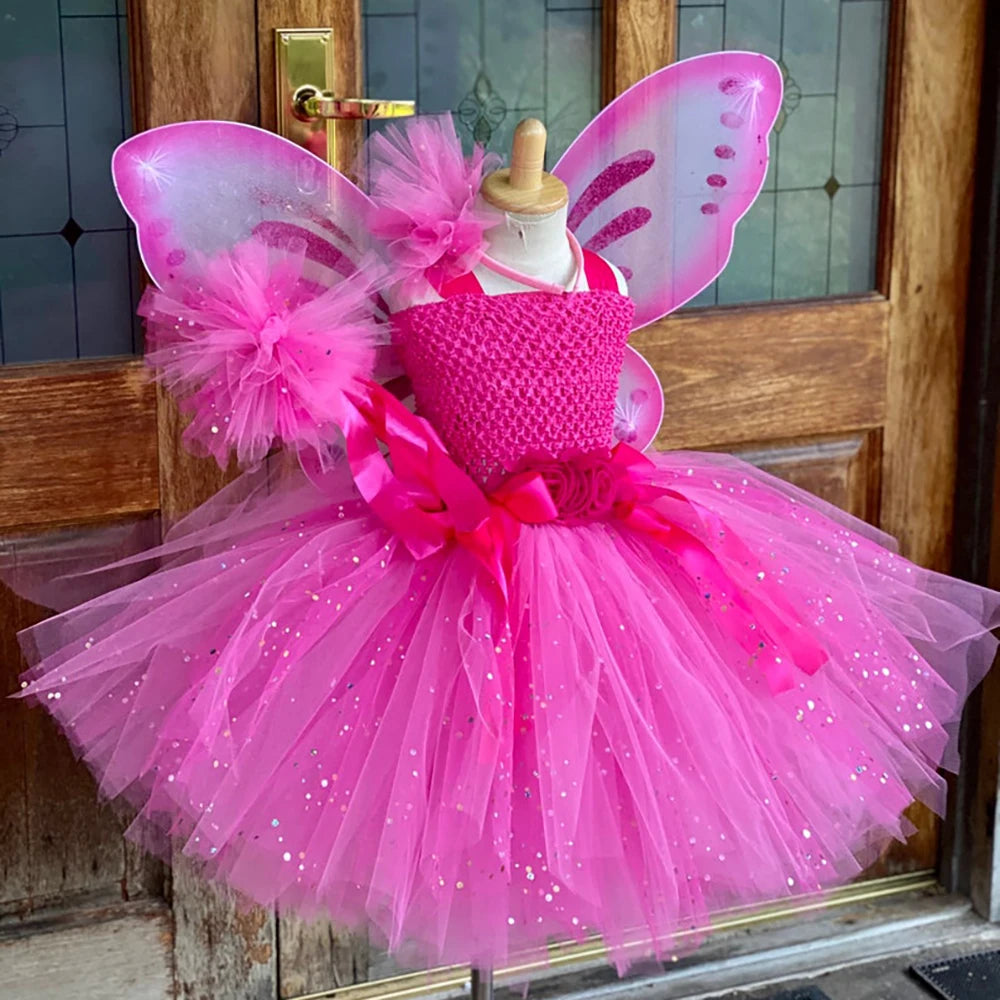Girls Pink Glitter Tulle Dress Kids Butterfly Fairy Tutu Dresses with Wing