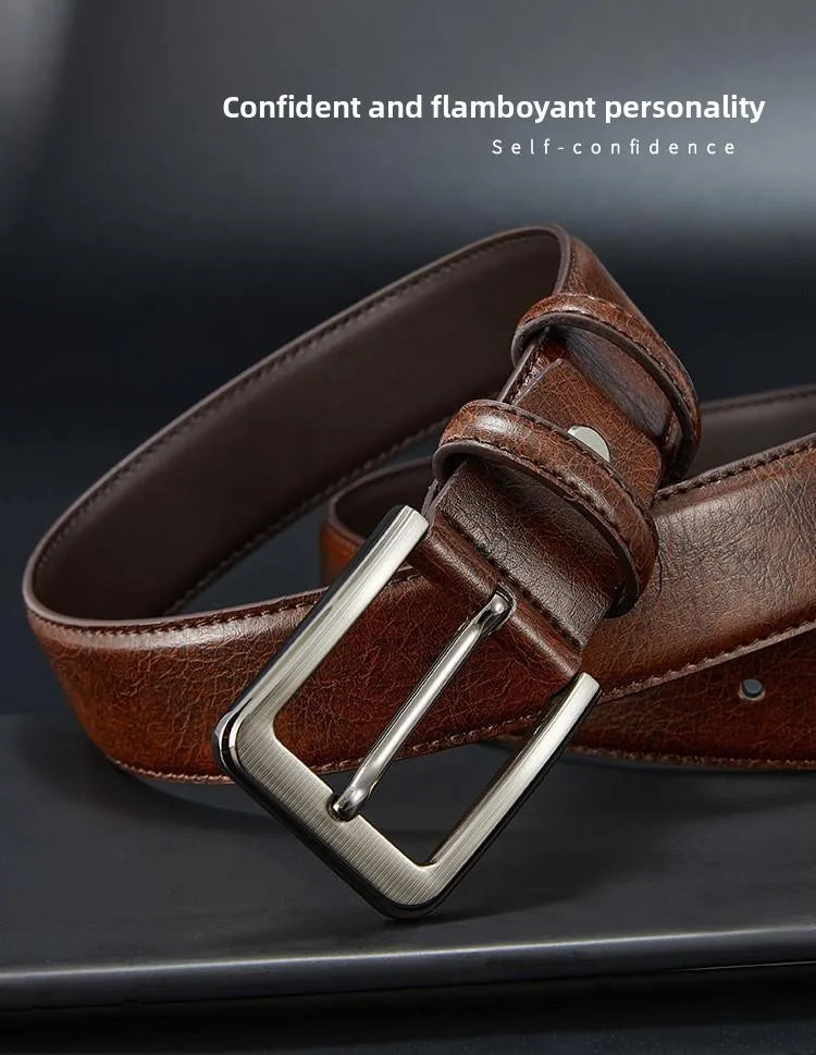 Men's Belt Boys Genuine Leather Belt Pin Buckle Belt Brown Middle-aged Youth Casual Trendy Men's Belt，Ideal for gifting