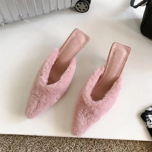 Fashion Women's Slippers 2024 New Sexy Ladies Mules Shoes Furry Rubber Slippers Outdoor Party Shoes For Women Rose Red Slides