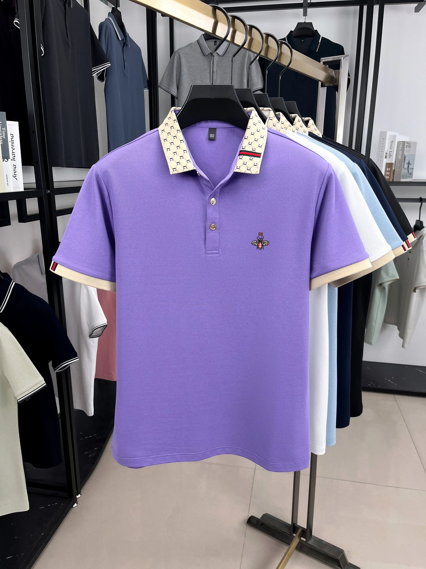 Personality letter jacquard lapel short sleeve T-shirt men high-end brand Little Bee embroidery fashion trend summer polo shirt