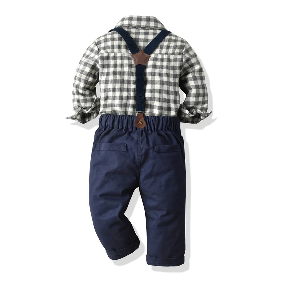 Children's Plaid Shirt and strap pants set for Boys with Bow Tie baby boy clothes 0 to 3Y Autumn Boys Clothes 70-130cm