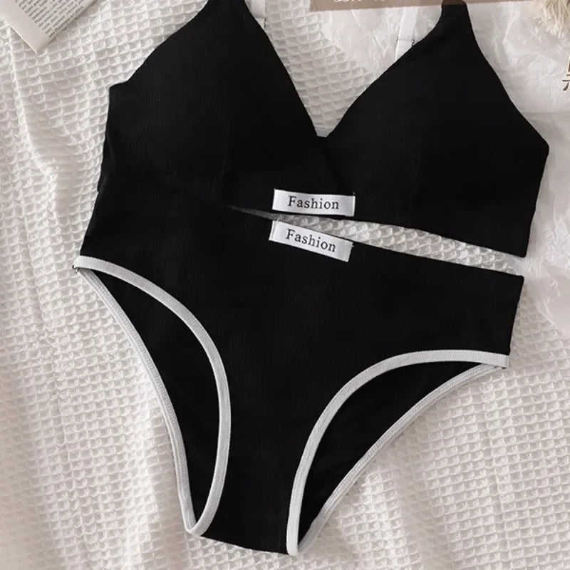 Underwear Set Women Bra Briefs Set Low Waist Panties Wire Free Vneck Bra Bralette