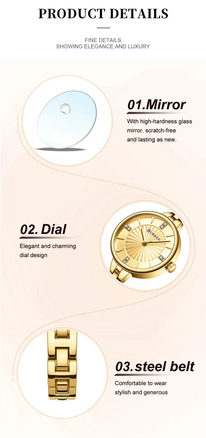 CURREN Luxurious and Elegant Round Dial with Stainless Steel Bracelet Fashion Dress Quartz Watches for Women