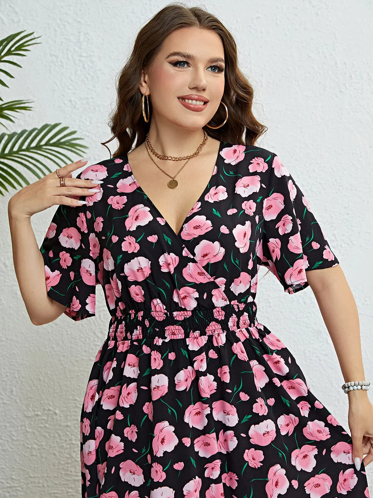 Plus Size Floral Print Wrapped V-Neck Women Dresses Short Sleeves A-Line Bohemia Robe Casual Lady Vacation Large Size Clothing