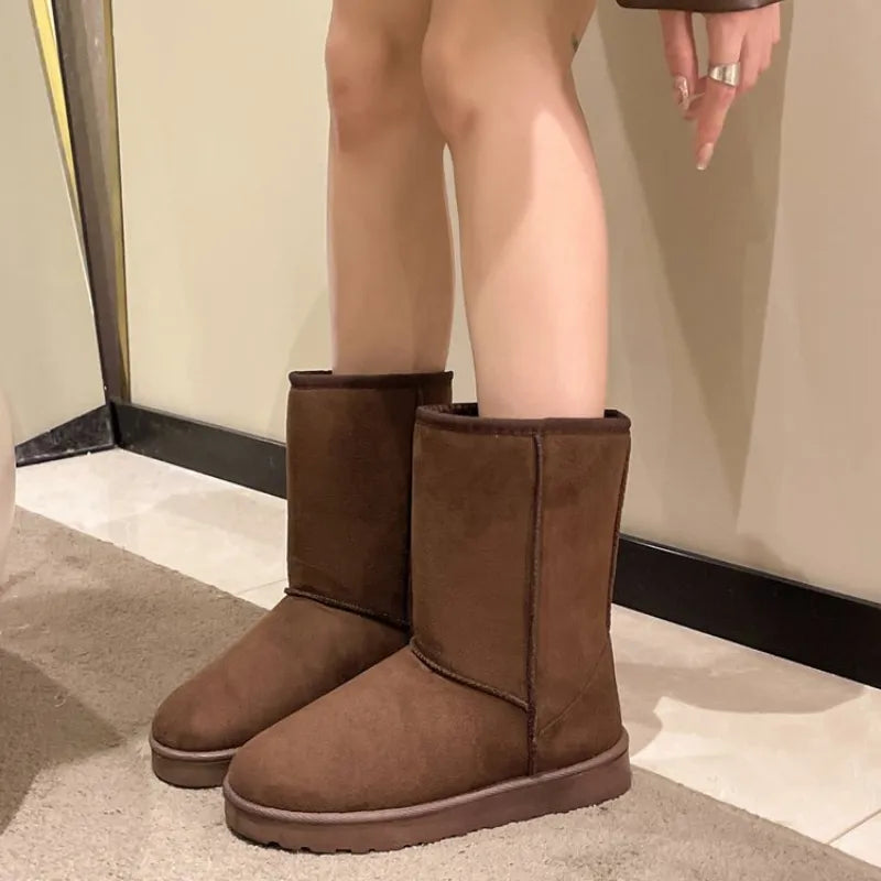 Women Leather Warm Snow Boots Causal Plush Fluffy Anti-cold Zipper Boots