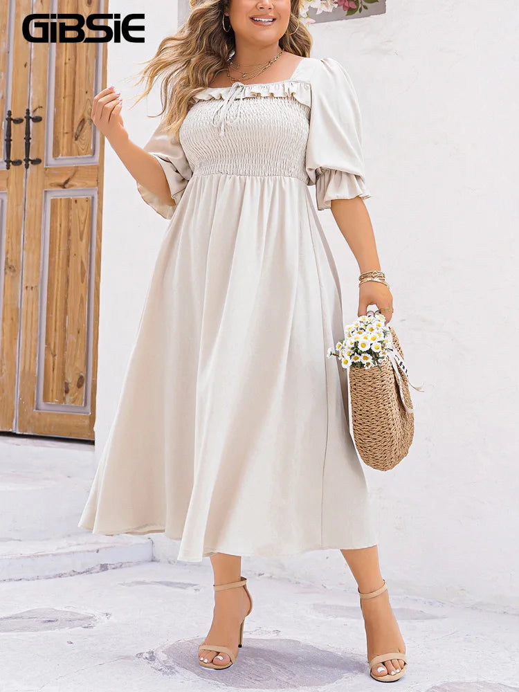 GIBSIE Plus Size Ruffle Trim Square Neck Puff Sleeve Dress Women Summer Casual Shirred A-Line Vacation Long Dresses 2024 New