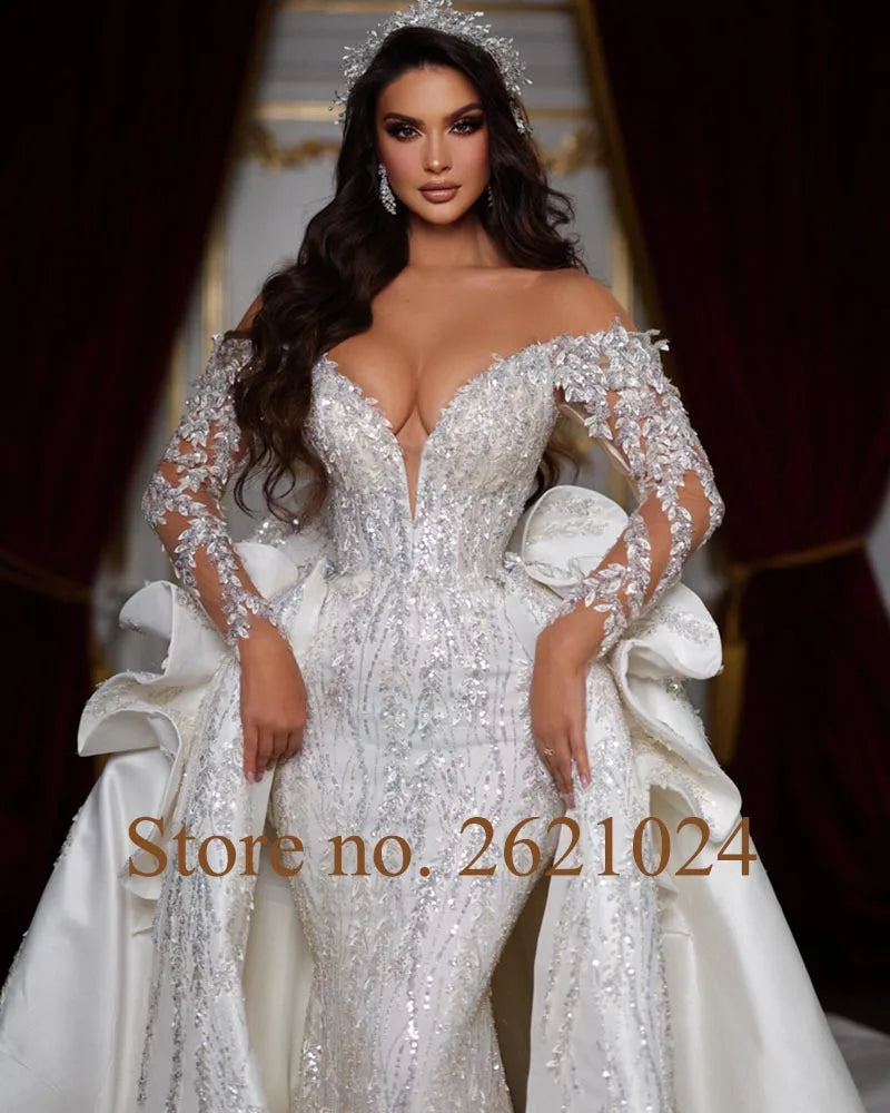 White Bridesmaid Dresses: Crystal Sequins Long Sleeve 2 pieces Mermaid Wedding Dress