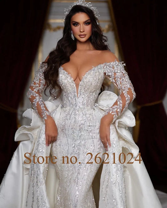White Bridesmaid Dresses: Crystal Sequins Long Sleeve 2 pieces Mermaid Wedding Dress