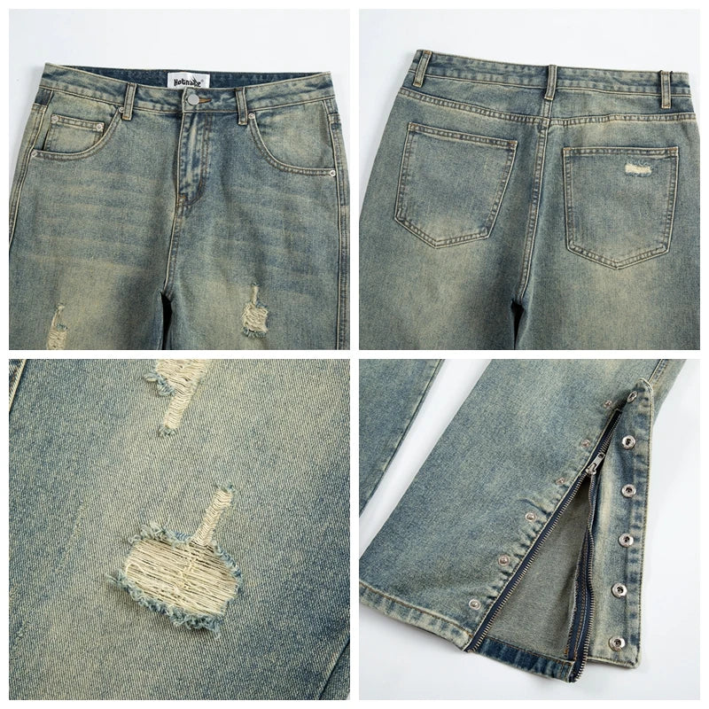 Streetwear Mens Blue Washed Jean Relaxed Fit Side Zipper Buckle Tapered Jeans