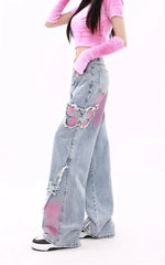 Blue Womens Jeans Butterfly High Waist Straight Baggy Denim Pants American