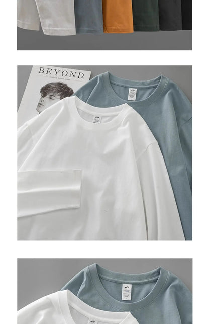 DUKEEN Men's 260G Long Sleeve T Shirts 2025 Spring Pure Cotton Solid Color Basic Crew-Neck Undershirt Men's Loose Tops 11 Color