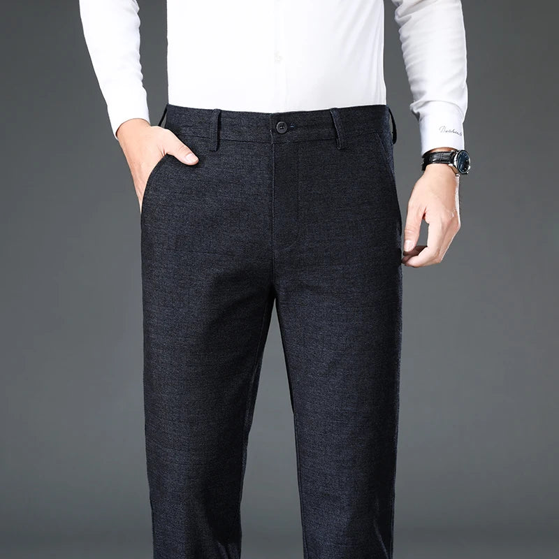 Men's Suit Trousers Cotton Loose Straight Pants for Male High Waist Elastic Black