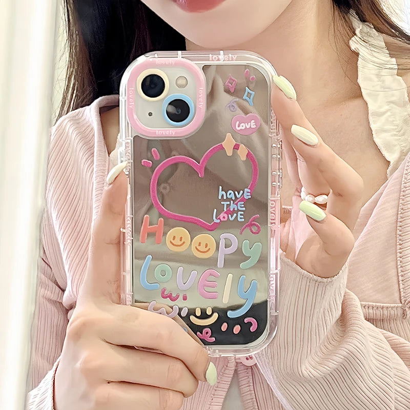 Lovely Girl Heart Mirror Phone Case For iPhone 11 12 13 14 15 16 Pro Max Shockproof