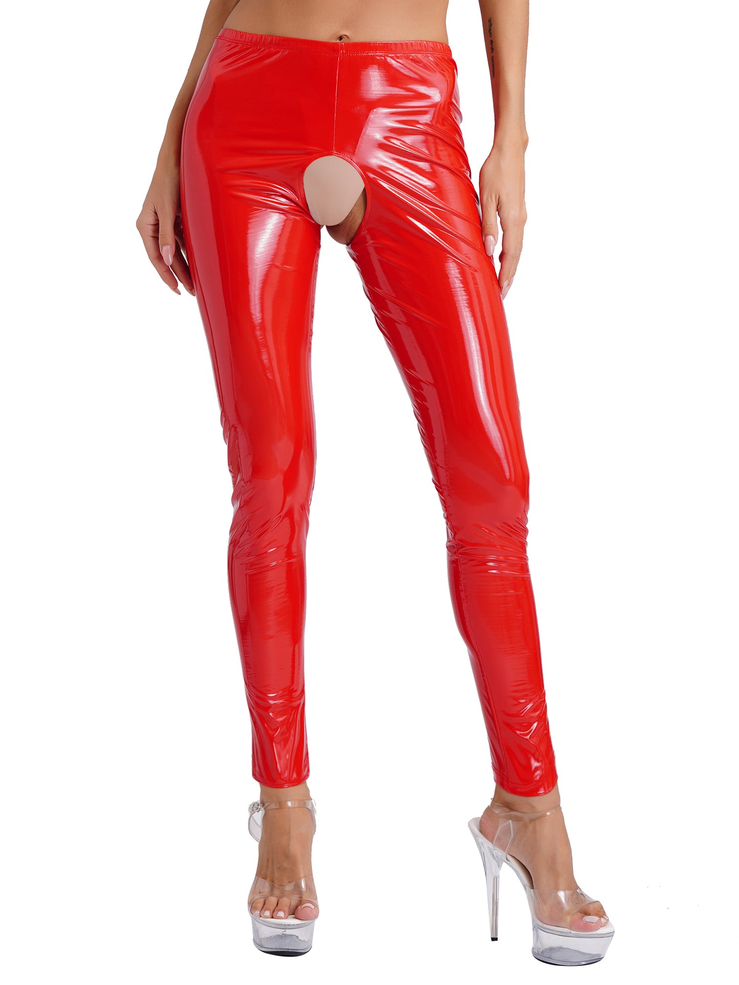 Womens Wet Look PVC Leather Open Crotch Butt Leggings High Waisted Crotchless