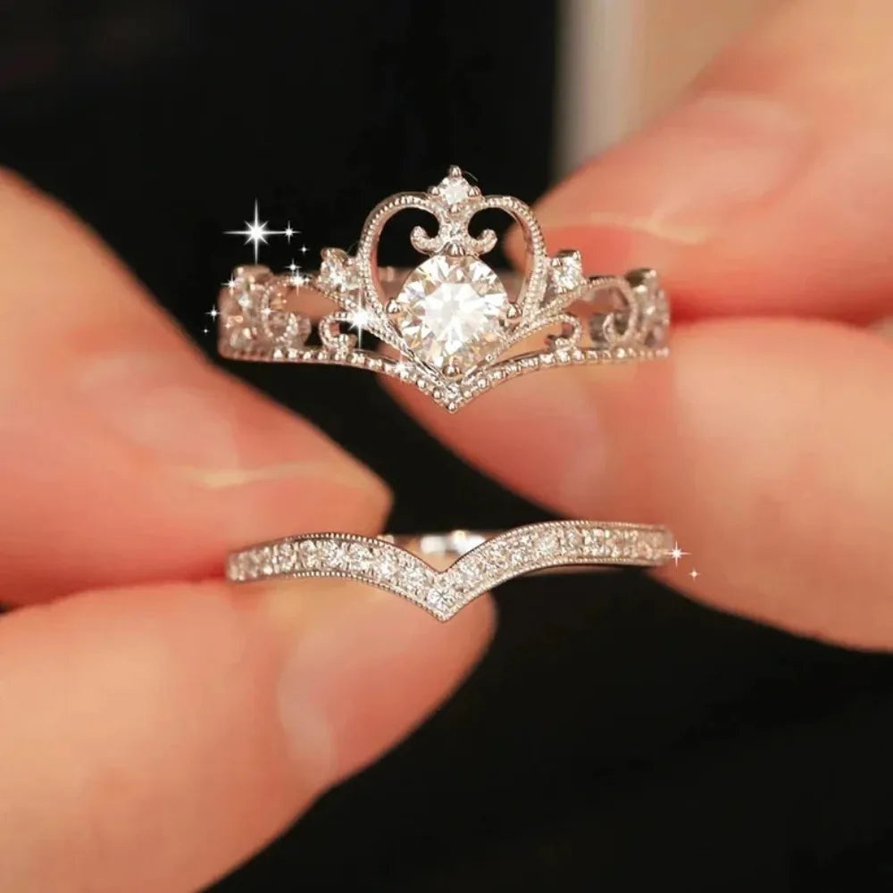 Stainless Steel Crystal Crown Adjustable Ring Irregular Geometry Vintage Rings Set for Women Girls New Fashion Jewelry Gift