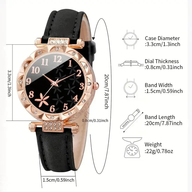 2PCS Women's Watch Set Luxury Trendy Flower Elements Digital Scale Dial Quartz Watch Suitable for Daily Clothing Matching