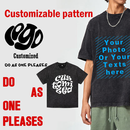 Custom Your LOGO Hip Hop Streetwear Men 100% Cotton T-shirts Oversized Washed Top Tee Unisex Summer Retro Brand Personalized