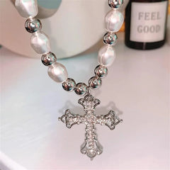 Pearl Cross Pendant Necklace Hip Hop Retro Men Women Religious Jewelry