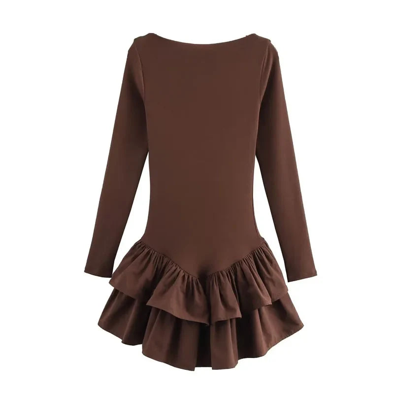 HXAO Womens Dresses Ruffled Corset Dress Summer 2025 Red Brown Black Dress O-Neck Long Sleeve Dresses Layered Party Vestidos 066