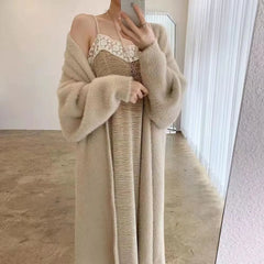 white Long Cardigan for women winter clothes Knitted fluffy long sleeve Cashmere