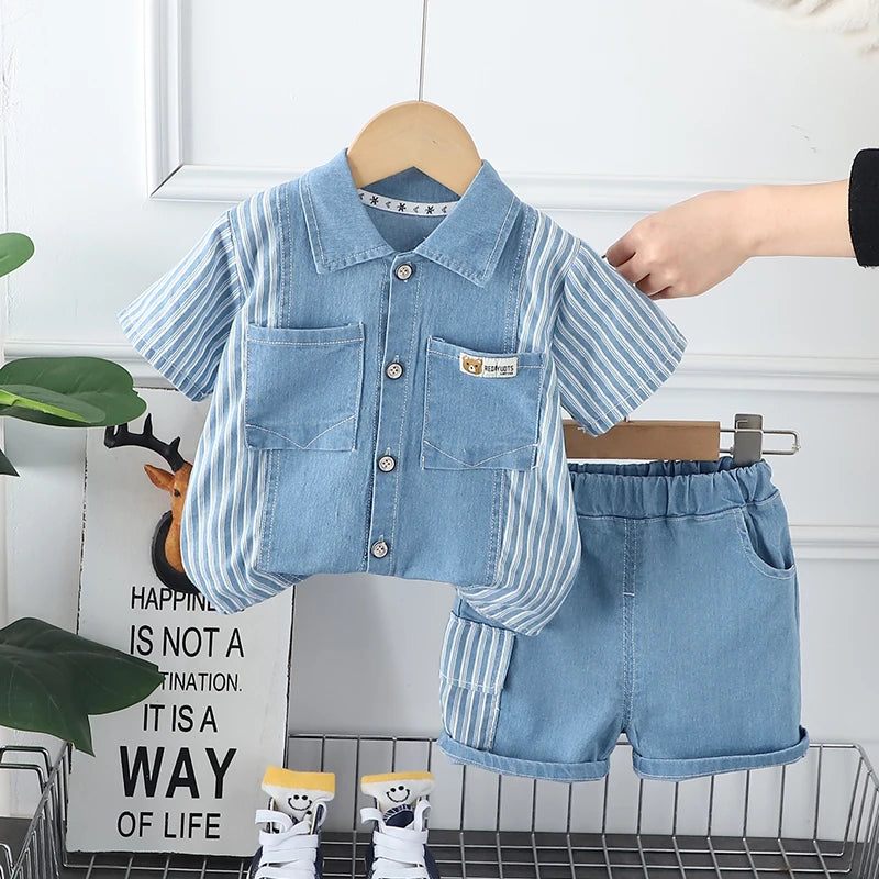Summer Infant Boys Denim Clothing Set Fashion Striped Shirt And Shorts 2-Piece Tracksuit Casual Outfit for Children