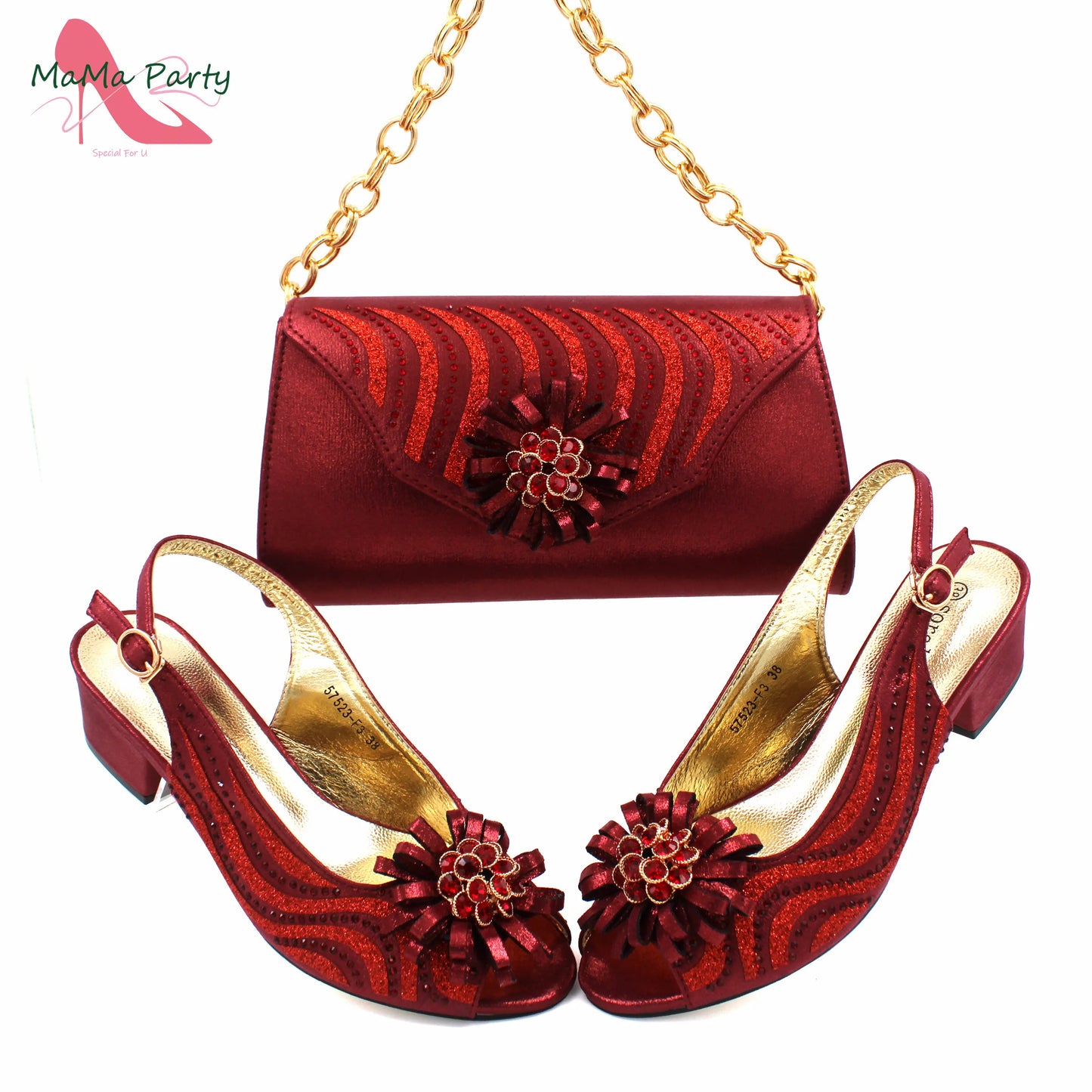 Fashion New Design African Elegant Ladies Shoes Matching Bag Set in Wine Color Slingbacks Peep Toe Low Heels for Wedding