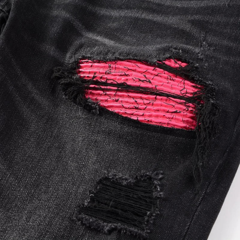 Men Cracked Leather Patch Biker Jeans Streetwear Pleated Patchwork Holes Ripped