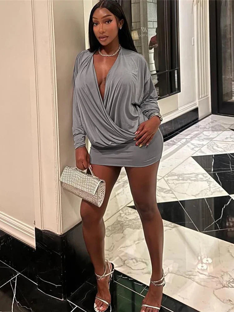 Nibber Cross Deep V-Neck Dress Women Full Sleeve Stretch Solid Midnight Street Clubwear Party Autumn Trend Elegant Mini Bodycon