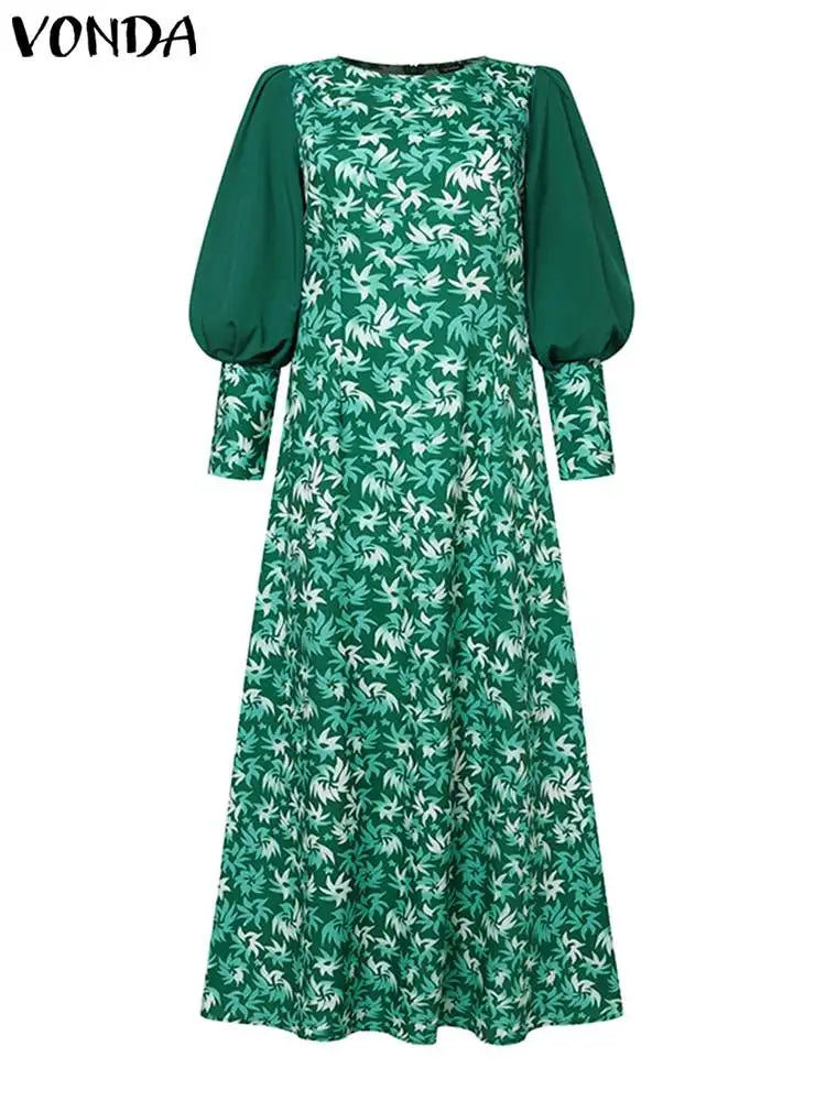 Plus Size 5XL VONDA Women Floral Printed Maxi Dress 2024 Summer Lantern Sleeve Patchwork Retro Long Sundress Loose Swing Robe