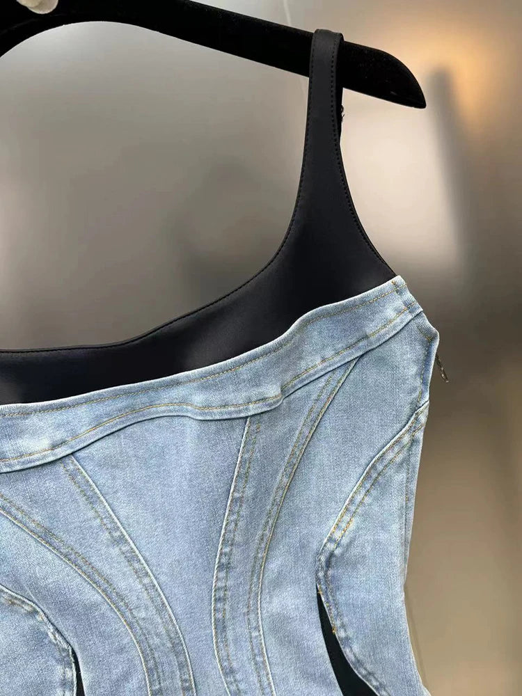 Fashion Women's Patchwork Elastic Denim Sling Dress Spring Trendy Sleeveless