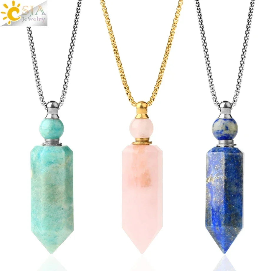 Natural Stone Cone Perfume Bottle necklace Healing Clear Quartz Crystal Pendant Reiki Essentials Oil Diffuser Vial Necklace H119