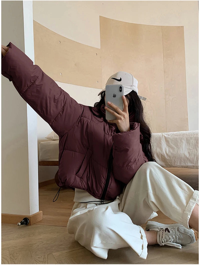 Korean Fashion Women Puffy Coats Simple Solid Loose Short Parkas Winter Thick