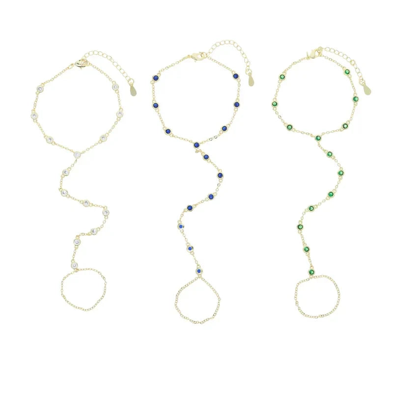 CZ Station Link Chain Long Hand Slave Bracelet Gold Plated Green Blue White Cubic Zirconia CZ Trendy Women Jewelry