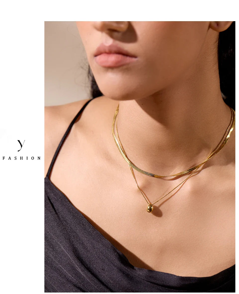 Yhpup Snake Chain Double Layer Stainless Steel Water Drop Pendant Necklace for Women Statement 18k Gold Color Jewelry Waterproof