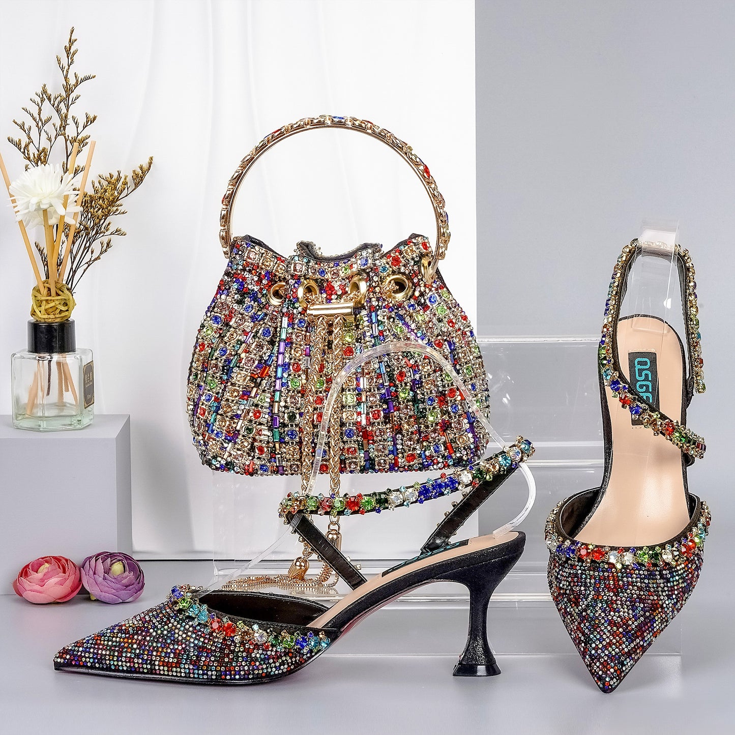 Italian Shoes And Bag Sets For Evening Party With Stones gold Italian