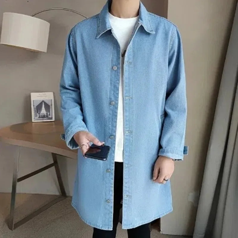 Mid-length Denim Windbreaker Jacket Men Spring Autumn Casual Trench Coat